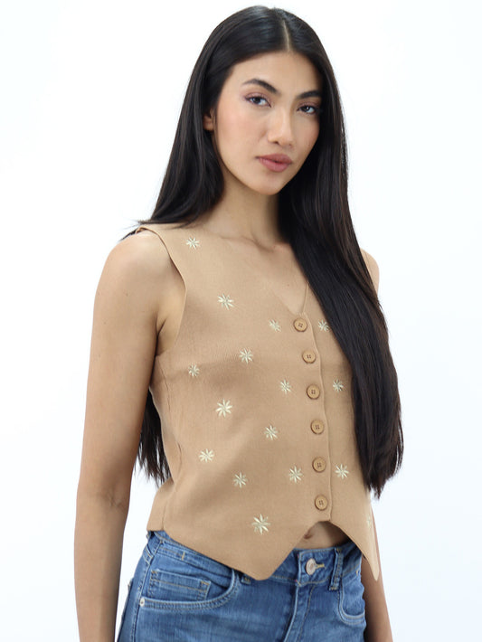 Chaleco khaki cuello V con detalle de floral