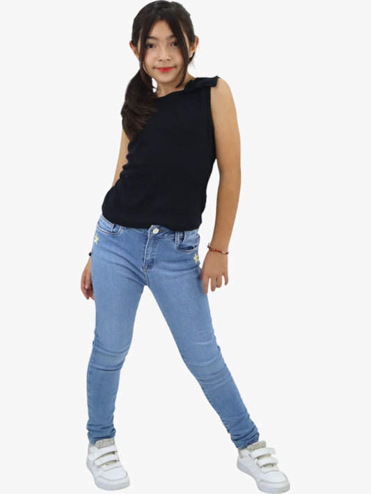 Jeans skinny azul claro con bordado floral
