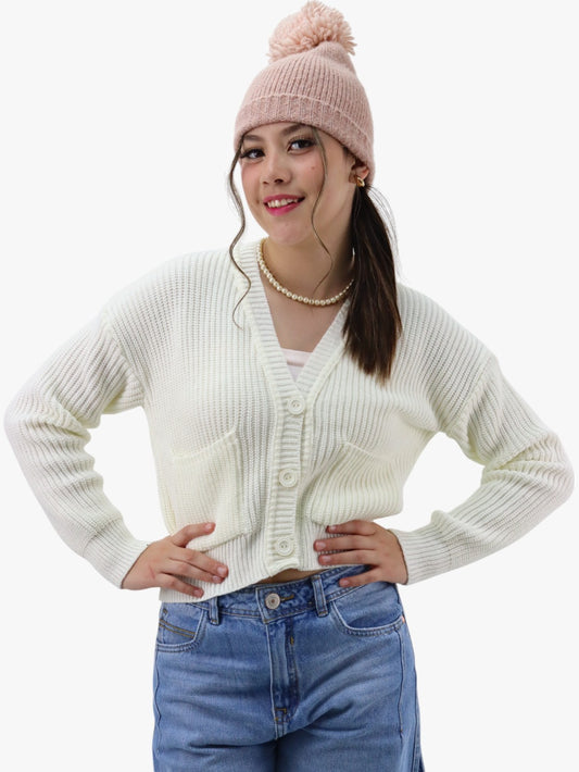 Suéter con Botones y Bolsillos al Frente hueso