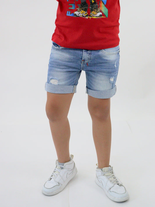 Bermuda de color azul medio con destrucción