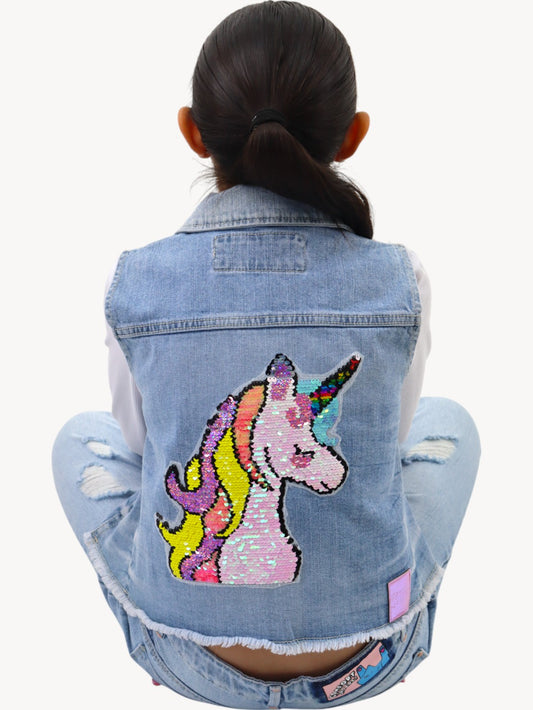 Chaleco denim con lentejuela reversible de unicornio
