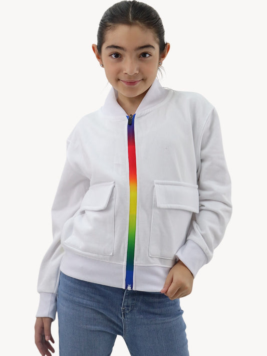 Sudadera blanca con cierre multicolor