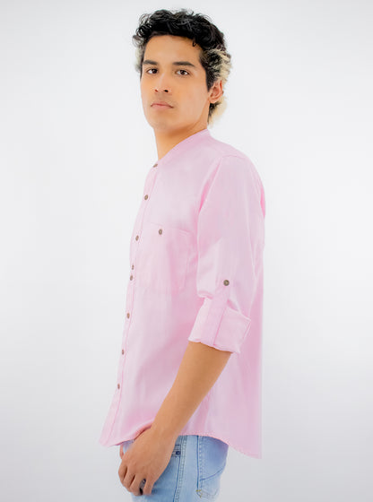 Camisa manga larga cuello mao de color rosa