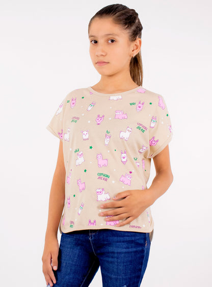 Playera manga corta de color beige con print