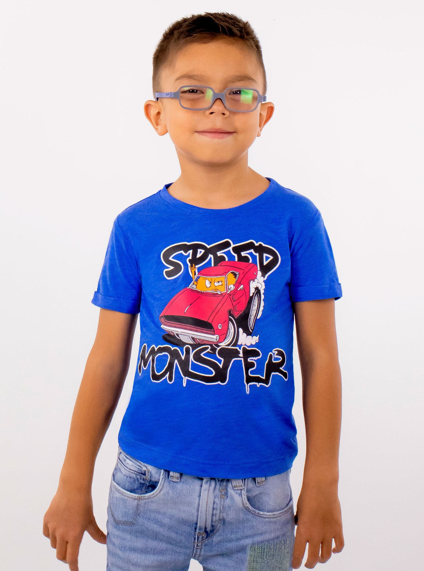 Playera manga corta de color azul con estampado monster