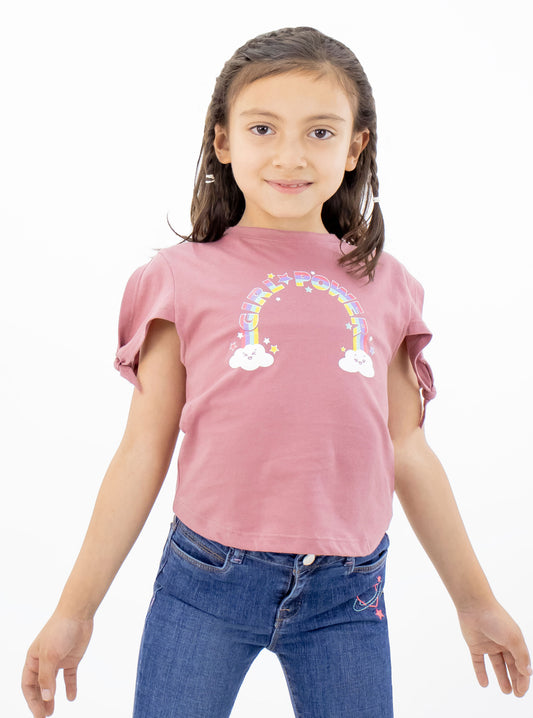 Playera manga corta de color rosa palo con estampado girl power