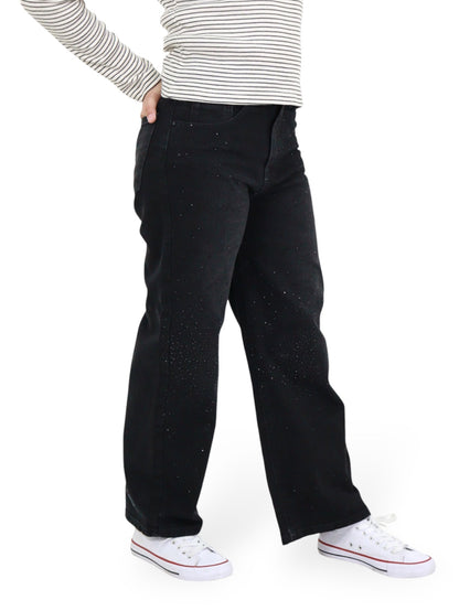 Jeans Wide Leg Con Pedrería