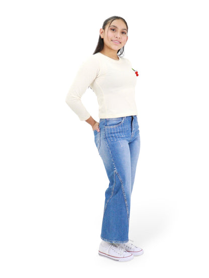 Jeans Wide Leg Con Pedrería