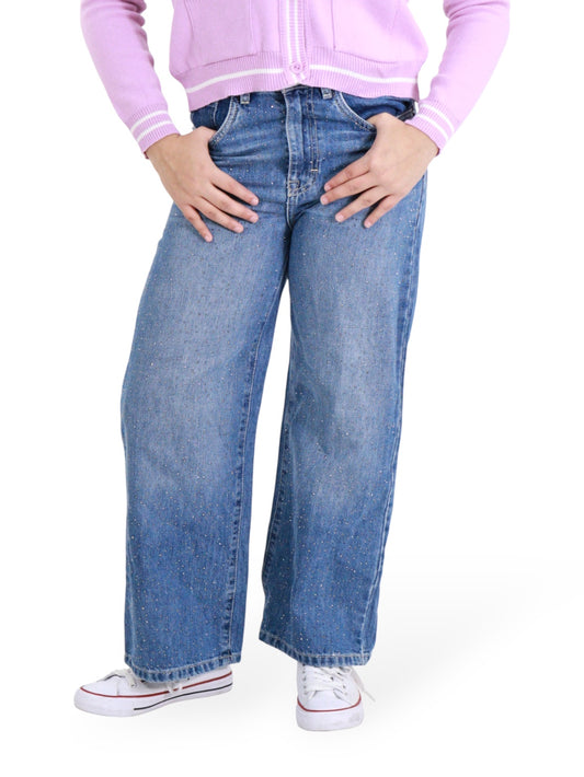 Jeans Wide Leg Con Pedrería