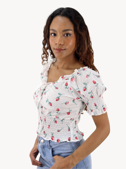 Blusa corta con estampado floral de manga farol con nudo delantero (NUEVA TEMPORADA)