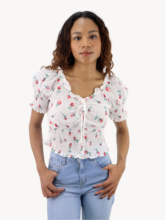 Blusa corta con estampado floral de manga farol con nudo delantero (NUEVA TEMPORADA)