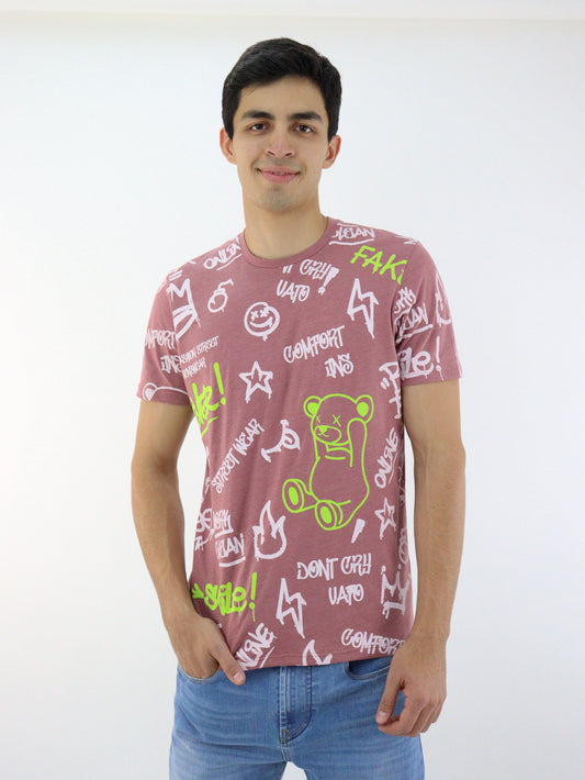 Playera manga corta de color rosa palo con print