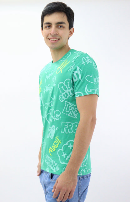 Playera manga corta de color verde con print