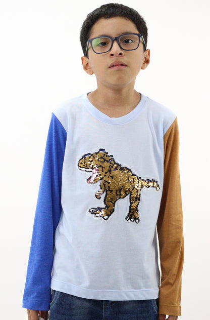 Playera raglán manga larga con lentejuela reversible de dinosaurio