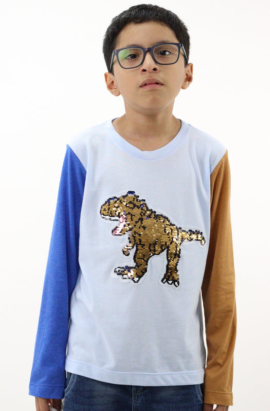 Playera raglán manga larga con lentejuela reversible de dinosaurio