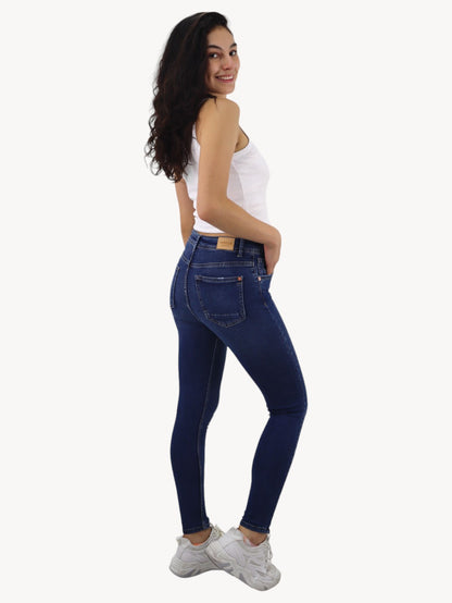 Jeans skinny tiro alto de color azul oscuro con destrucción (NUEVA TEMPORADA)