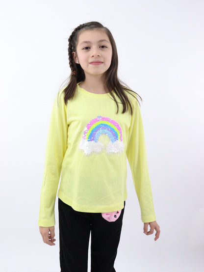 Playera manga larga de color amarillo con lentejuela reversible