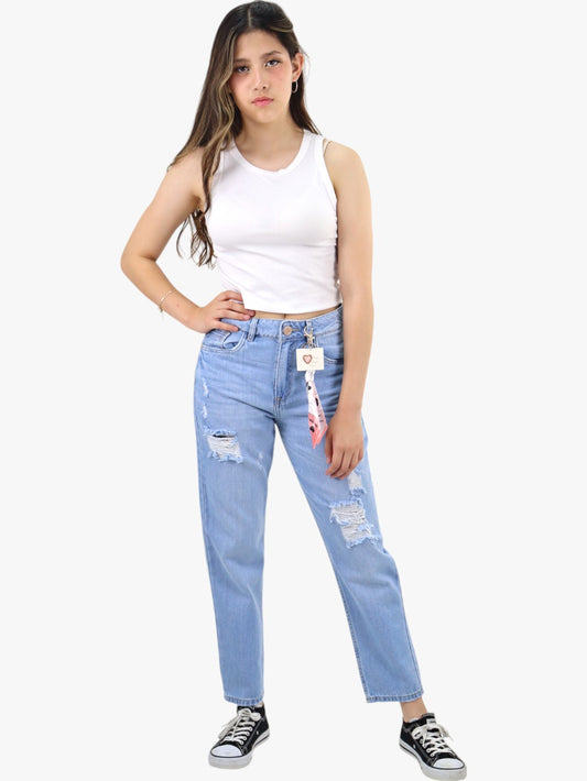 Jeans mom clasic con destrucción azul claro (NUEVA TEMPORADA)