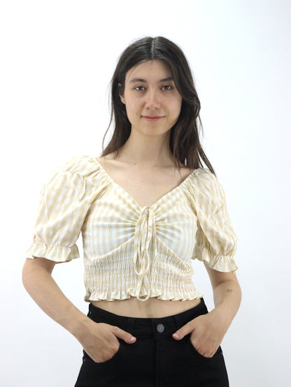 Blusa de cuadros y mangas abullonadas, con cordón ajustador (NUEVA TEMPORADA)