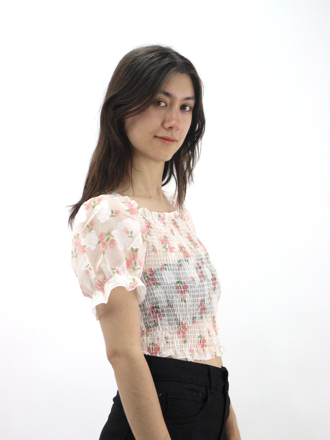 Blusa manga abullonada ajustada con estampado floral y fruncido (NUEVA TEMPORADA)