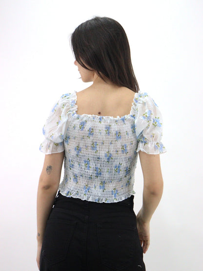 Blusa manga abullonada ajustada con estampado floral y fruncido (NUEVA TEMPORADA)