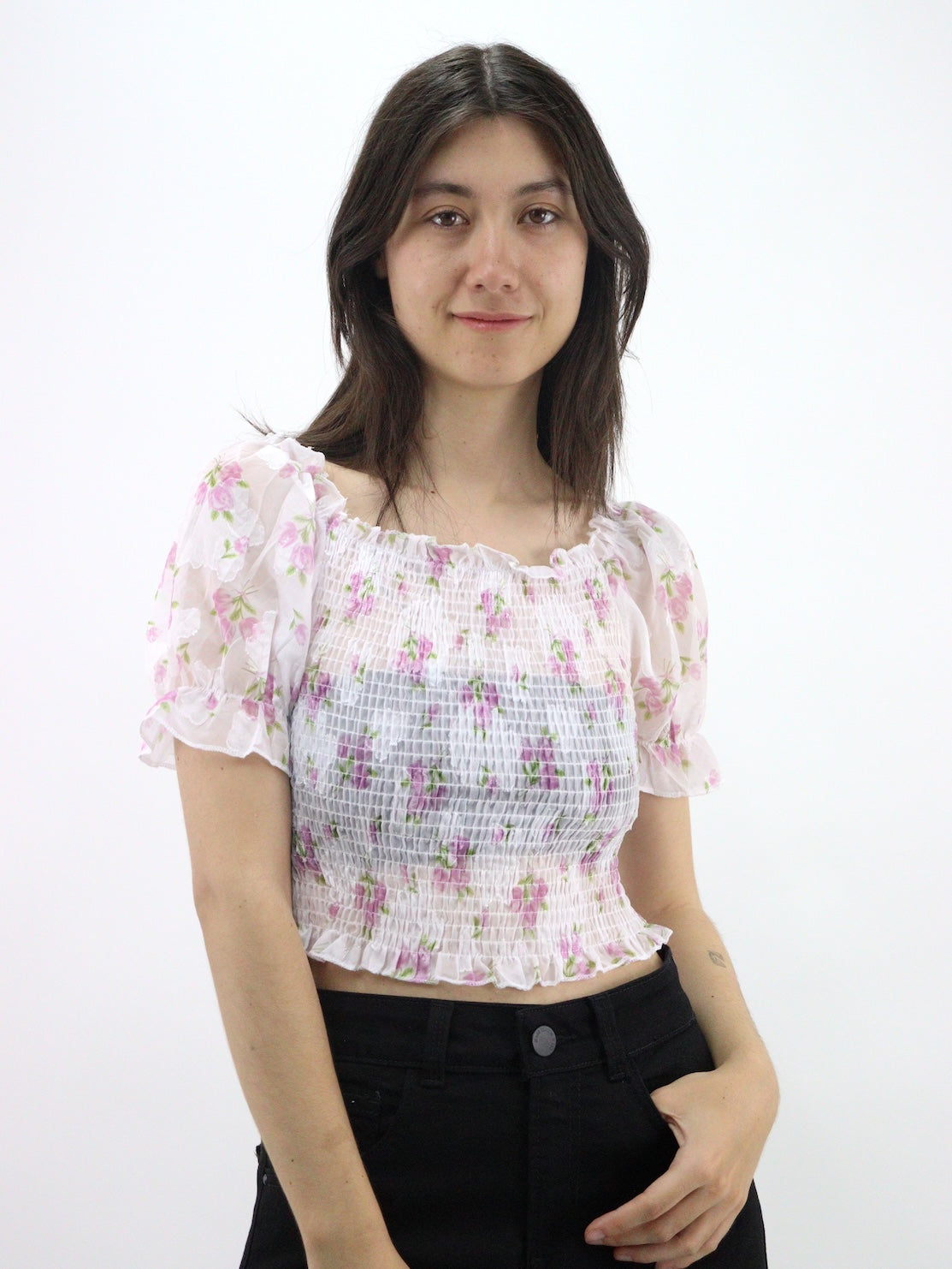 Blusa manga abullonada ajustada con estampado floral y fruncido (NUEVA TEMPORADA)