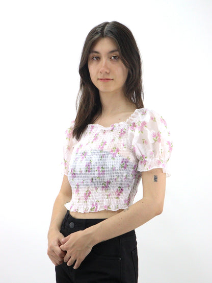 Blusa manga abullonada ajustada con estampado floral y fruncido (NUEVA TEMPORADA)