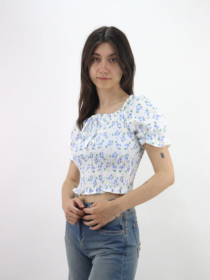 Blusa corta con estampado floral de manga farol con nudo delantero (NUEVA TEMPORADA)