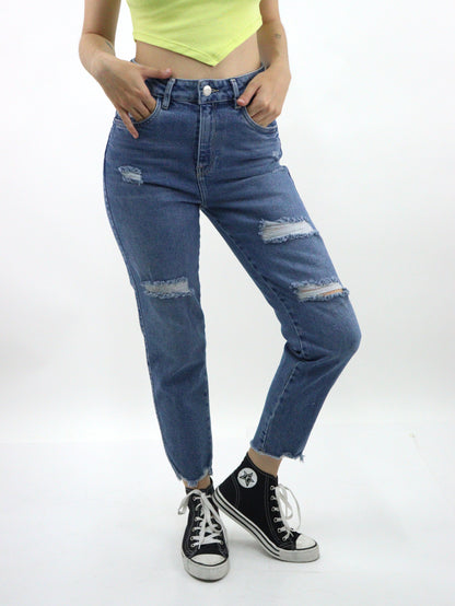 Jeans mom clasic con destrucción