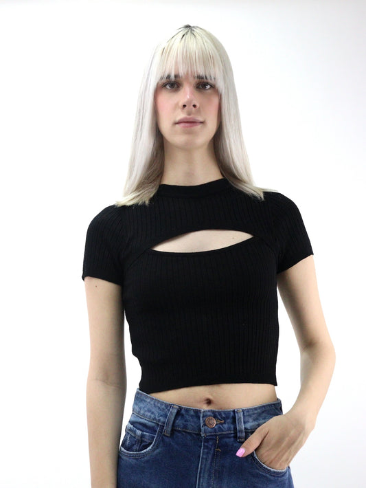 Blusa de punto manga corta color negro con abertura (NUEVA TEMPORADA)