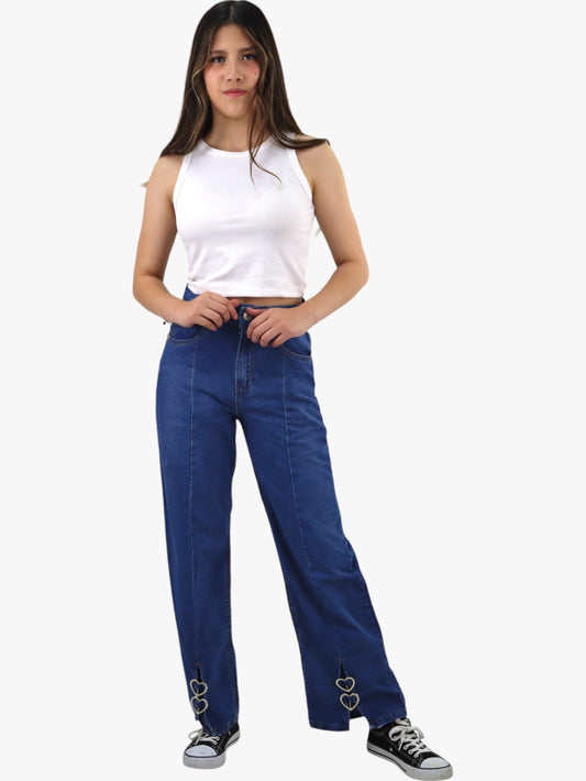 Jeans estilo baggy color azul medio con broches de corazón (NUEVA TEMPORADA)