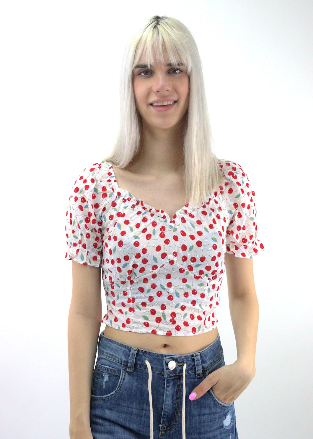 Blusa estampada de cereza con hombros descubiertos (NUEVA TEMPORADA)