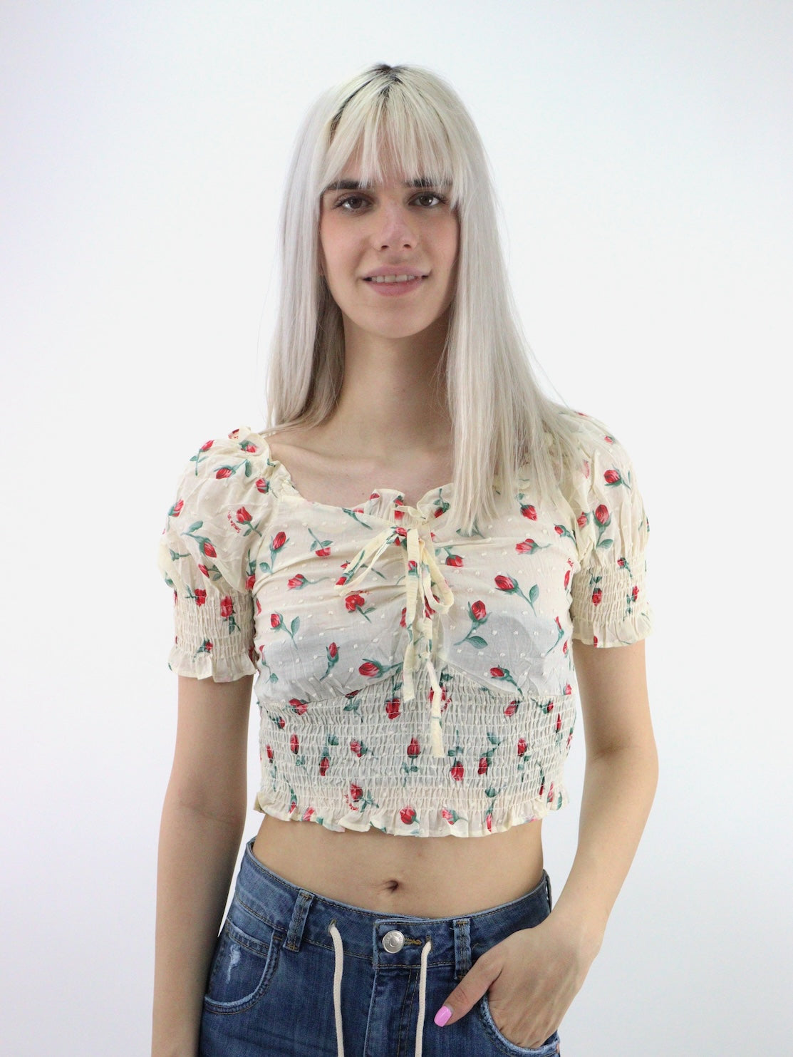 Blusa corta con estampado floral de manga farol con nudo delantero (NUEVA TEMPORADA)