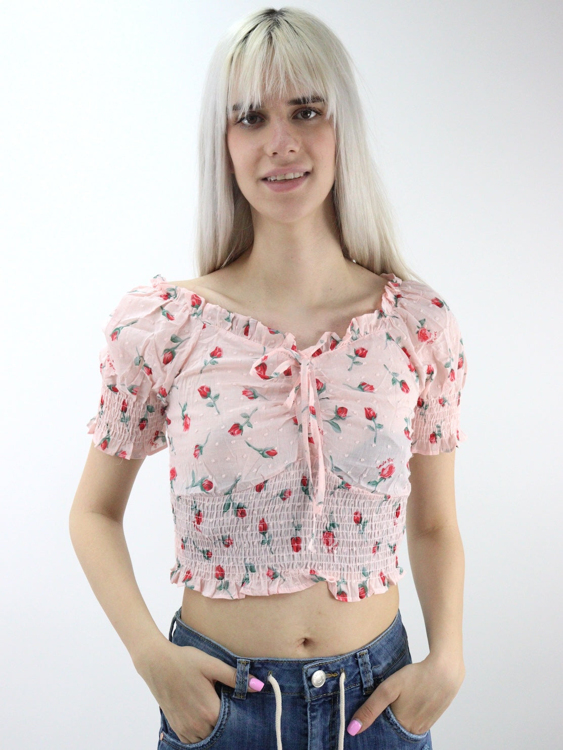 Blusa corta con estampado floral de manga farol con nudo delantero (NUEVA TEMPORADA)