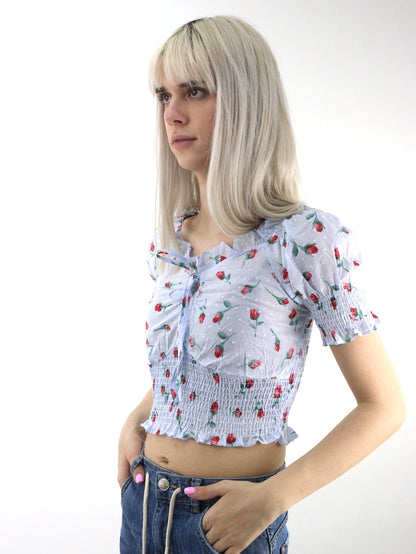 Blusa corta con estampado floral de manga farol con nudo delantero (NUEVA TEMPORADA)