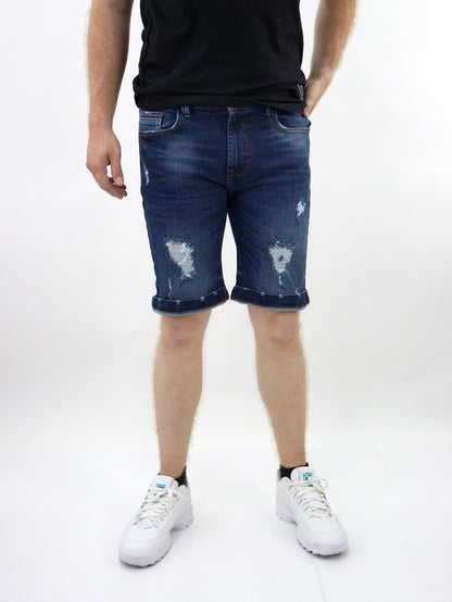 Short denim de color azul oscuro con destrucción (NUEVA TEMPORADA)