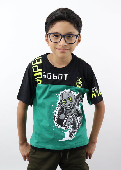 Playera manga corta multicolor con diseño de robot