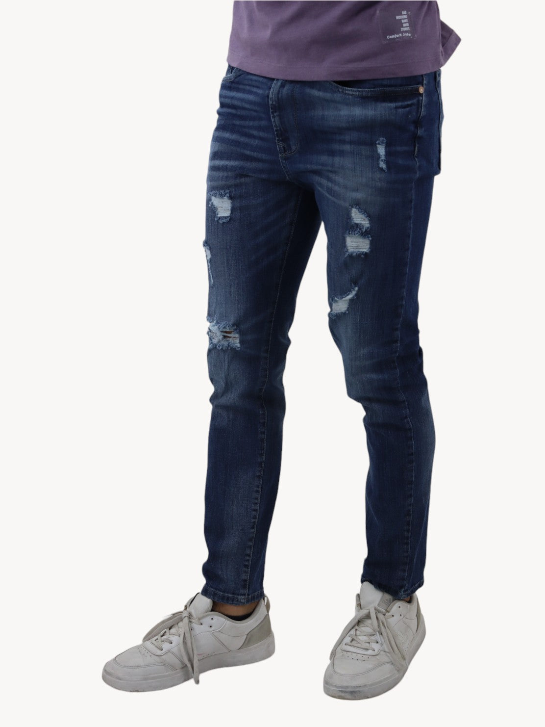 Jeans slim/skinny azul oscuro deslavado con destrucción  (NUEVA TEMPORADA)