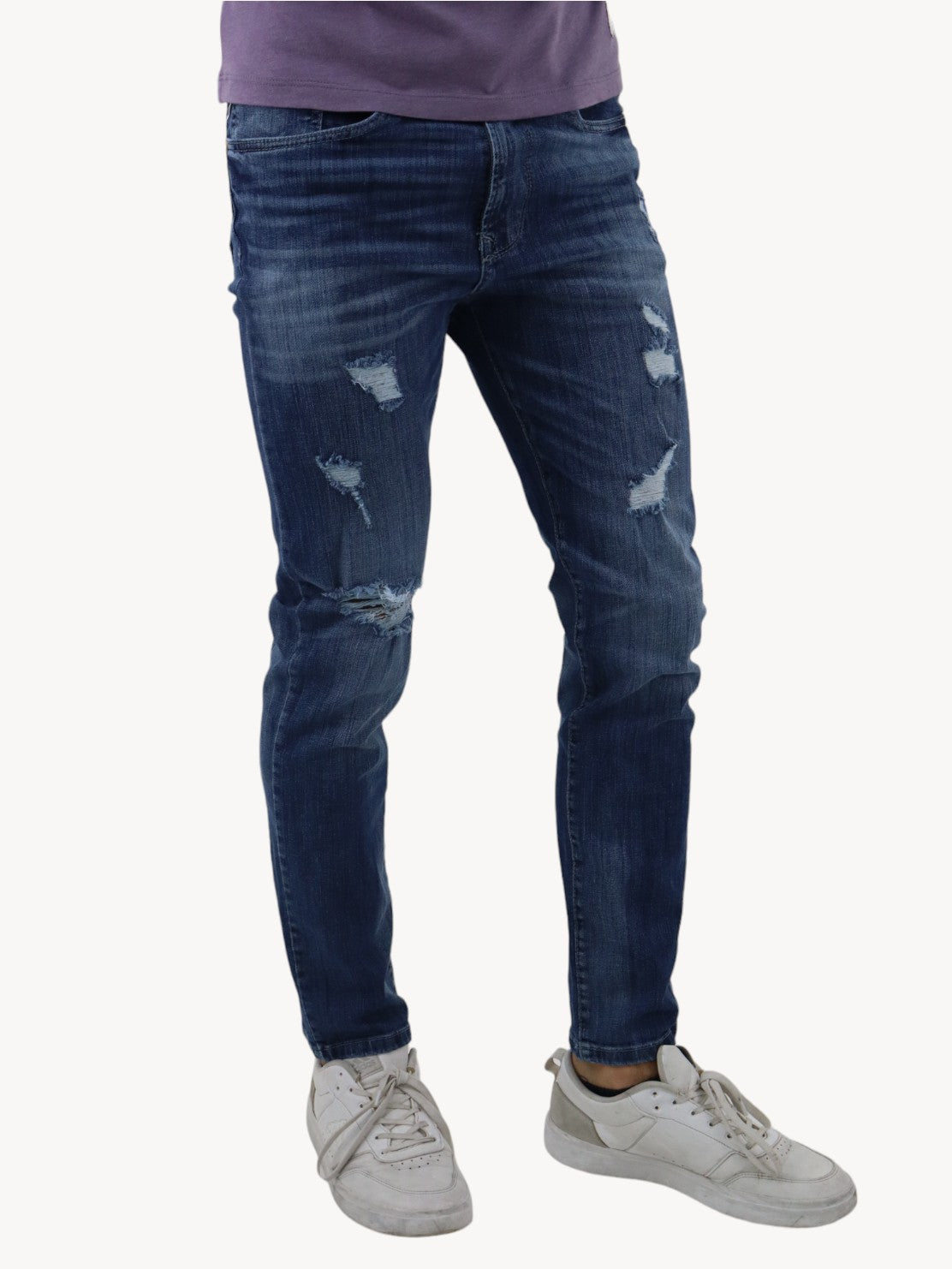 Jeans slim/skinny azul oscuro deslavado con destrucción  (NUEVA TEMPORADA)