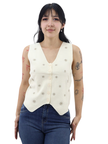 Chaleco beige en cuello V con detalle floral