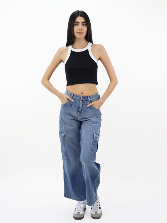 Jeans Cargo-Tiro Alto