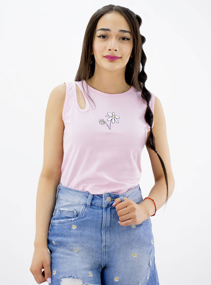 Playera tank de color rosa con estampado floral