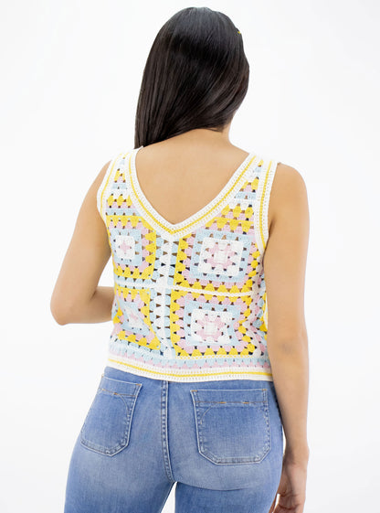 Top blusa crochet tejido fino de color amarillo/rosa