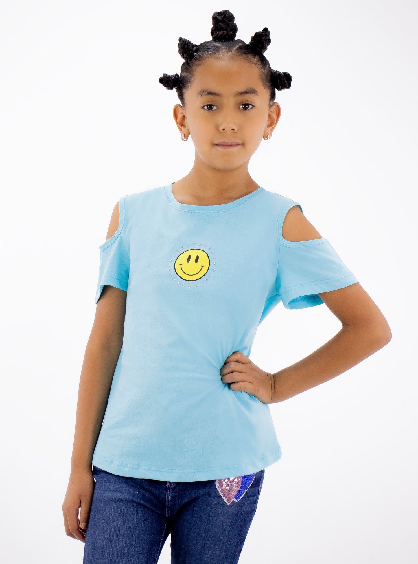 Playera smiley manga corta  de color azul turquesa